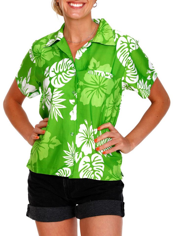 King Kameha Hawaiihemd Mono Hibiscus Funky Hawaiibluse Damen Kurzarm Front-Tasche Stylish von King Kameha