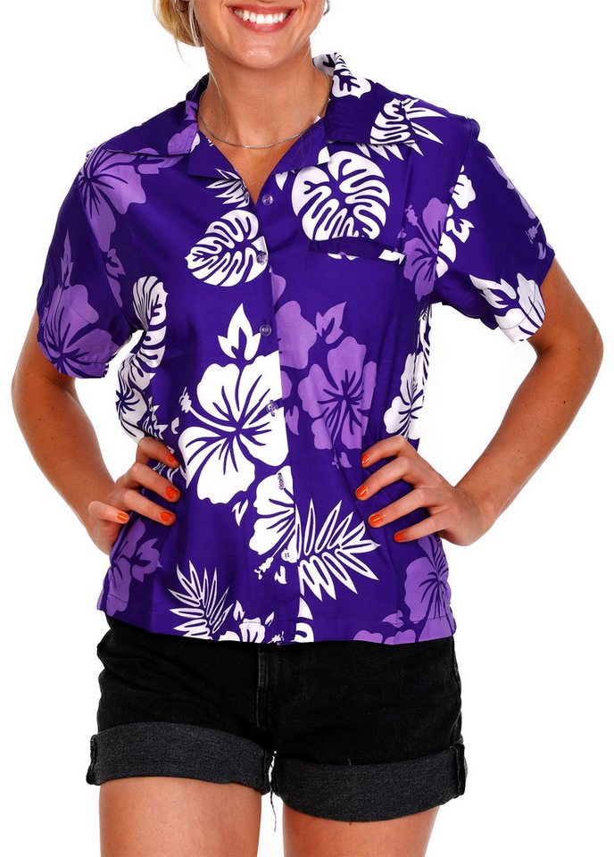 King Kameha Hawaiihemd Mono Hibiscus Funky Hawaiibluse Damen Kurzarm Front-Tasche Stylish von King Kameha