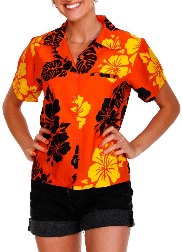King Kameha Hawaiihemd Mono Hibiscus Funky Hawaiibluse Damen Kurzarm Front-Tasche Stylish von King Kameha