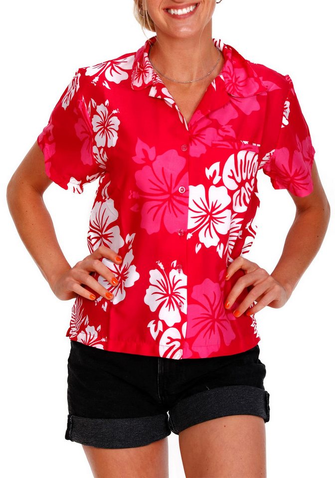 King Kameha Hawaiihemd Mono Hibiscus Funky Hawaiibluse Damen Kurzarm Front-Tasche Stylish von King Kameha