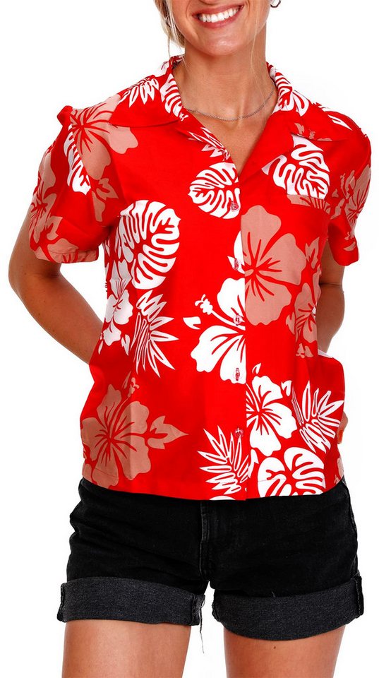 King Kameha Hawaiihemd Mono Hibiscus Funky Hawaiibluse Damen Kurzarm Front-Tasche Stylish von King Kameha