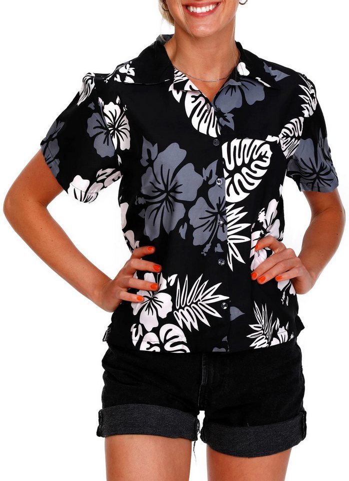 King Kameha Hawaiihemd Mono Hibiscus Funky Hawaiibluse Damen Kurzarm Front-Tasche Stylish von King Kameha