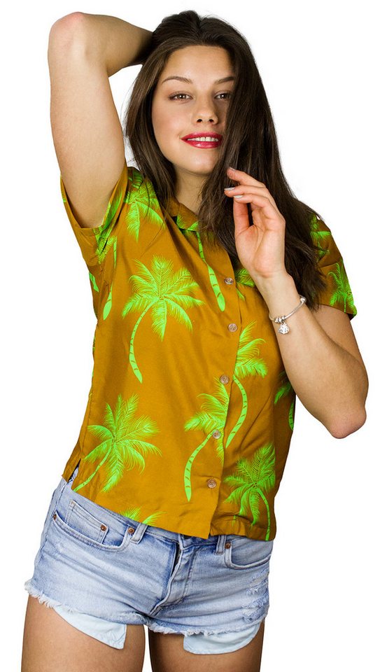 King Kameha Hawaiihemd Palmshadow Funky Hawaiibluse Damen Kurzarm Front-Tasche Stylish von King Kameha