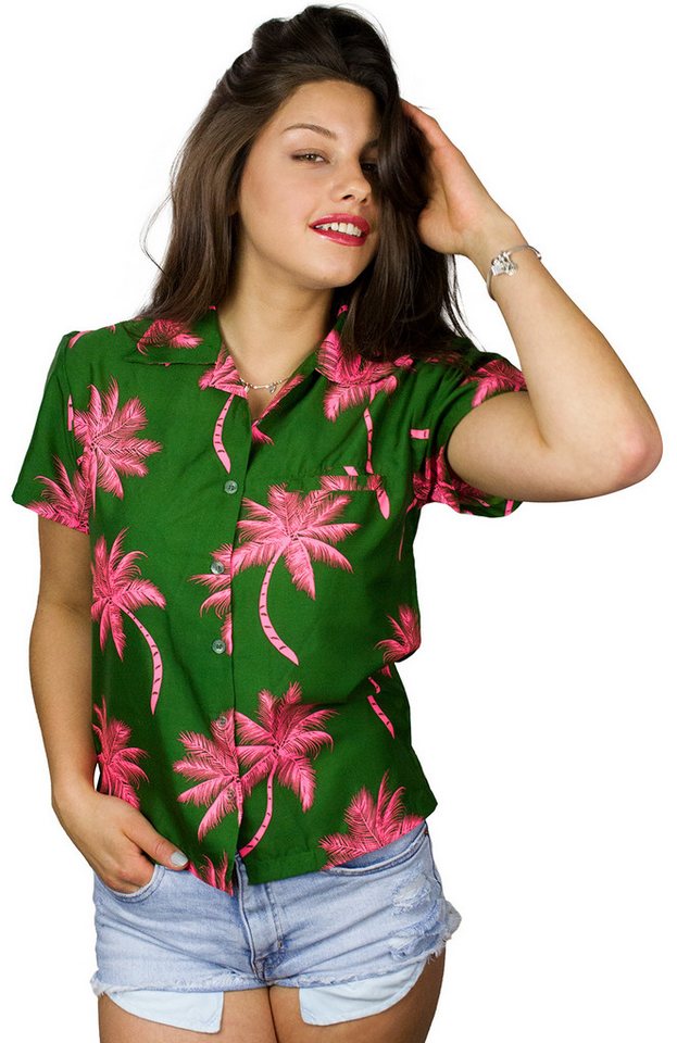 King Kameha Hawaiihemd Palmshadow Funky Hawaiibluse Damen Kurzarm Front-Tasche Stylish von King Kameha