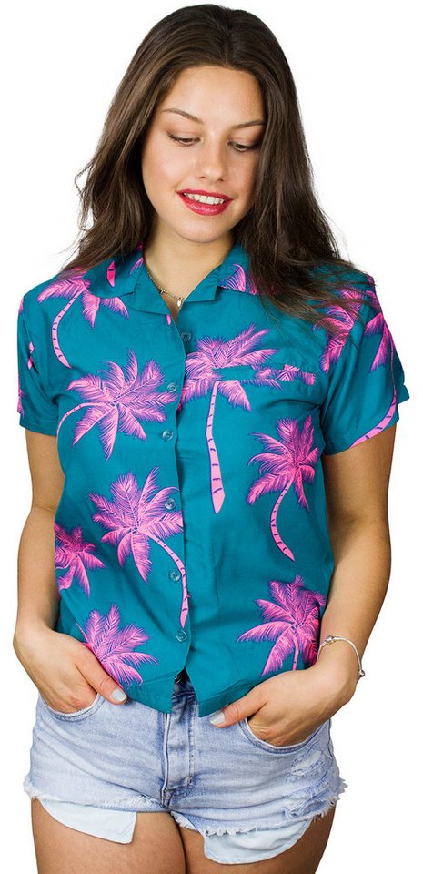 King Kameha Hawaiihemd Palmshadow Funky Hawaiibluse Damen Kurzarm Front-Tasche Stylish von King Kameha