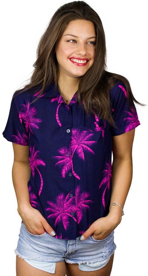 King Kameha Hawaiihemd Palmshadow Funky Hawaiibluse Damen Kurzarm Front-Tasche Stylish von King Kameha