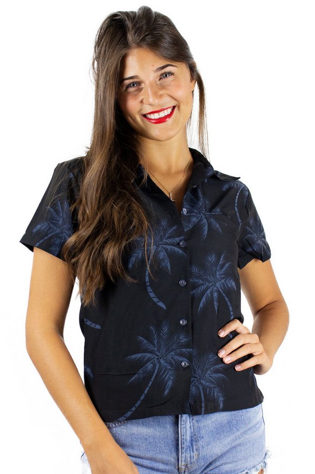 King Kameha Hawaiihemd Palmshadow Funky Hawaiibluse Damen Kurzarm Front-Tasche Stylish von King Kameha