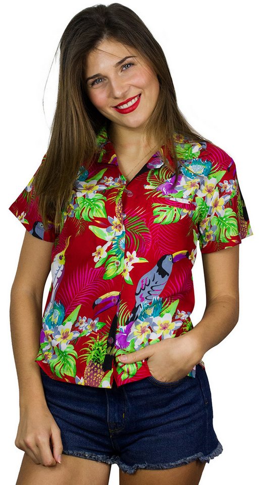 King Kameha Hawaiihemd Parrot Cockatoo Funky Hawaiibluse Damen Kurzarm Front-Tasche Stylish von King Kameha