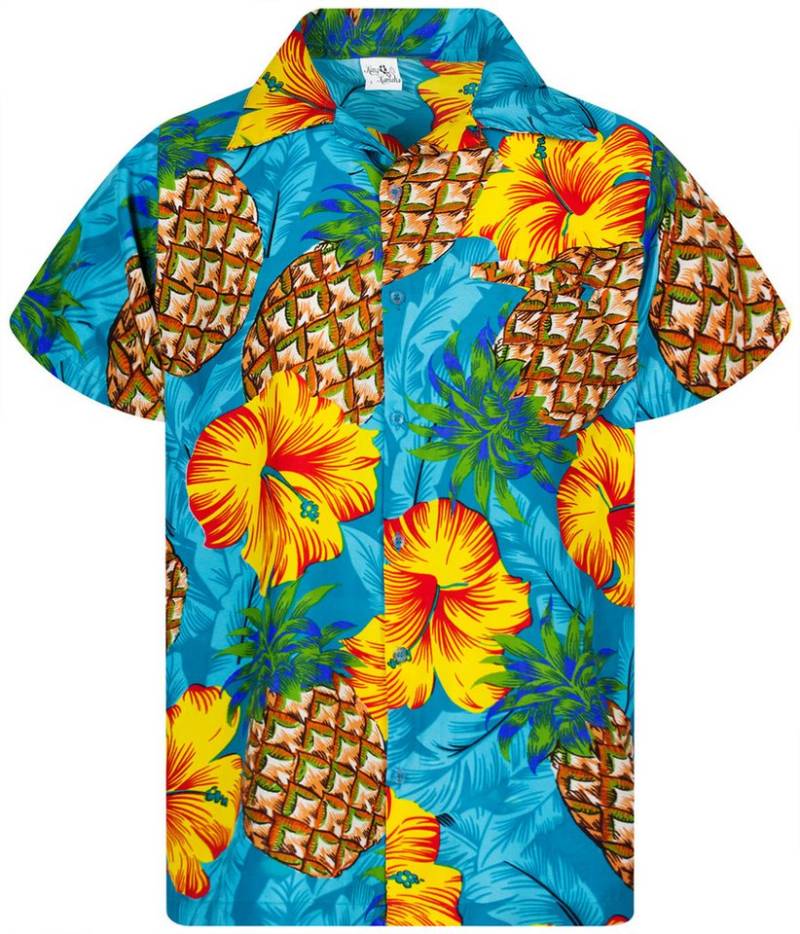 King Kameha Hawaiihemd Pineapple Hibiscus Funky Hawaii-Hemd Kurzarm Front-Tasche Unisex von King Kameha