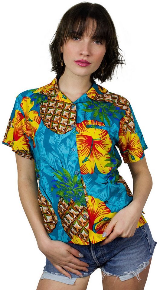 King Kameha Hawaiihemd Pineapple Hibiscus Funky Hawaiibluse Damen Kurzarm Front-Tasche von King Kameha