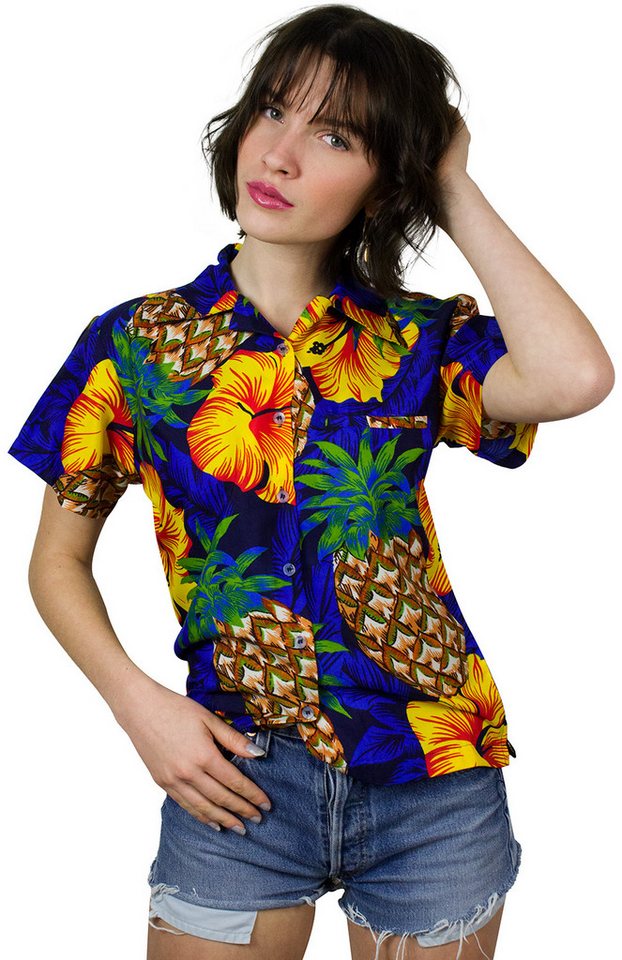 King Kameha Hawaiihemd Pineapple Hibiscus Funky Hawaiibluse Damen Kurzarm Front-Tasche von King Kameha