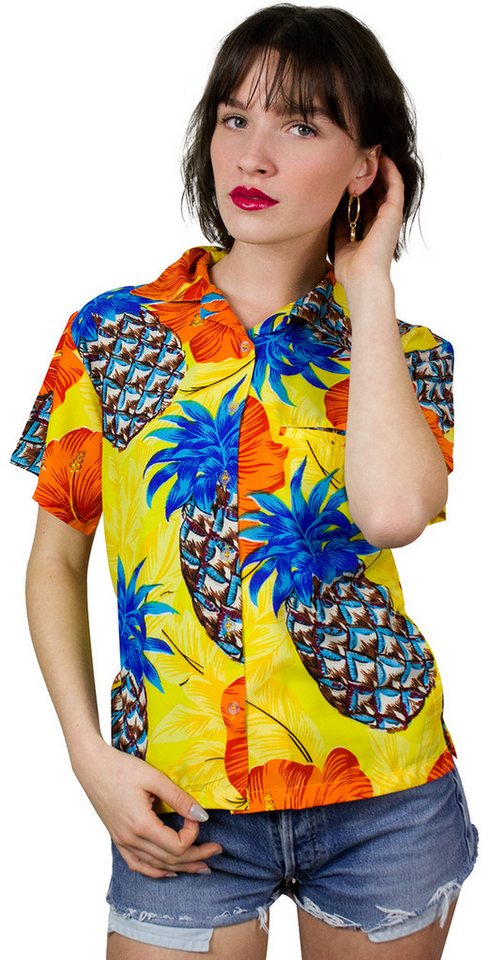 King Kameha Hawaiihemd Pineapple Hibiscus Funky Hawaiibluse Damen Kurzarm Front-Tasche von King Kameha