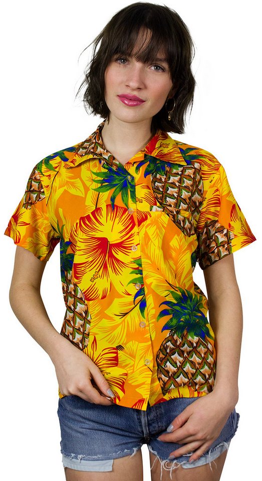 King Kameha Hawaiihemd Pineapple Hibiscus Funky Hawaiibluse Damen Kurzarm Front-Tasche von King Kameha