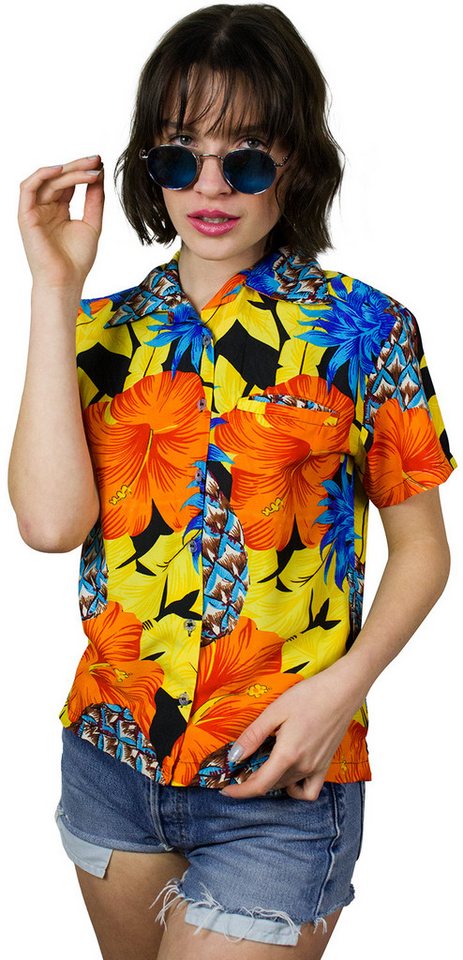 King Kameha Hawaiihemd Pineapple Hibiscus Funky Hawaiibluse Damen Kurzarm Front-Tasche von King Kameha