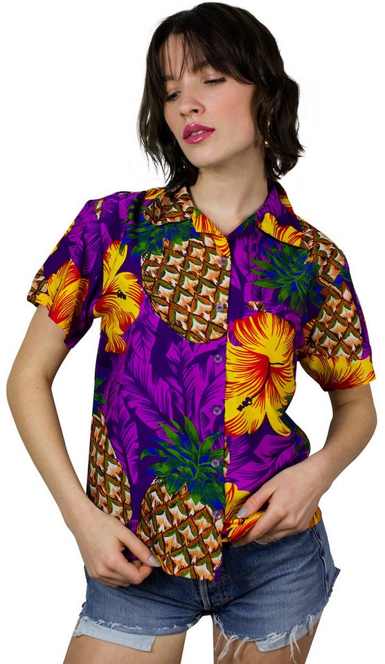 King Kameha Hawaiihemd Pineapple Hibiscus Funky Hawaiibluse Damen Kurzarm Front-Tasche von King Kameha