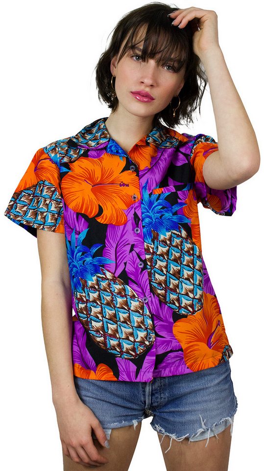 King Kameha Hawaiihemd Pineapple Hibiscus Funky Hawaiibluse Damen Kurzarm Front-Tasche von King Kameha