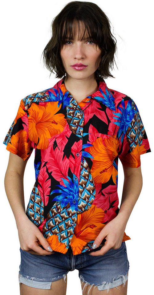 King Kameha Hawaiihemd Pineapple Hibiscus Funky Hawaiibluse Damen Kurzarm Front-Tasche von King Kameha