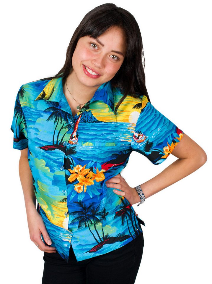 King Kameha Hawaiihemd Surf Funky Hawaiibluse Damen Kurzarm Front-Tasche Stylish von King Kameha