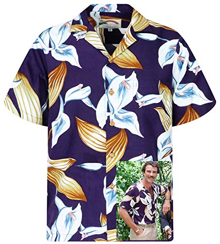 King Kameha Original Hawaiihemd, Magnum, Kurzarm, Tom Selleck Print, Calla Lily, Violett, 4XL von King Kameha