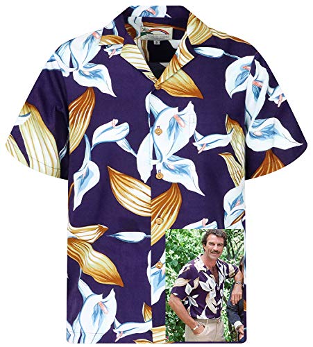 King Kameha Original Hawaiihemd, Magnum, Kurzarm, Tom Selleck Print, Calla Lily, Violett, L von King Kameha