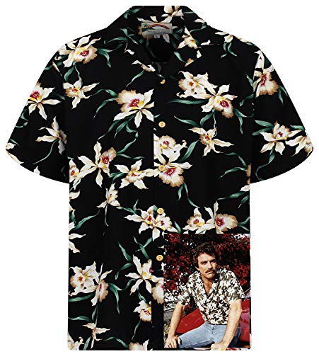 King Kameha Original Hawaiihemd, Magnum, Kurzarm, Tom Selleck Print, Star Orchid, Schwarz, 3XL von King Kameha