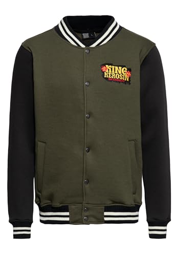 King Kerosin Herren College Jacke Sweatjacke Baseballjacke Vintage Retro Rock 'N' Roll Rockabilly Comic Art Patch Big Kahuna Tiki Hawaii Pinups Big Kahunas von King Kerosin
