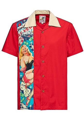 King Kerosin Herren Panel Hemd | Loungehemd | Bowling Hemd| Kurzarm | Pin-Up Girl | Las Vegas | Rockabilly | Rock'n'roll | Vintage | Retro | Organic Cotton | Hawaii Shirt Pin-Up Las Vegas von King Kerosin