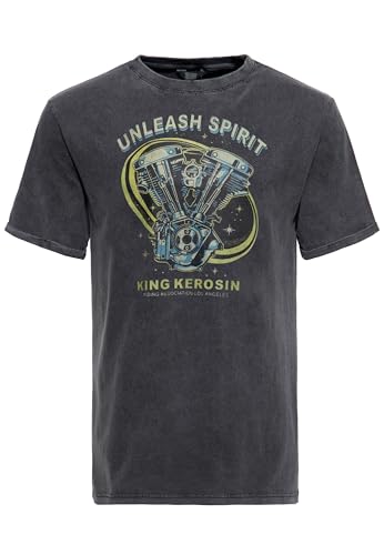 King Kerosin Herren Print Shirt T-Shirt Kurzarmshirt Rundhals Used Dick 200 G/M² V-Twin Motor Vintage Retro Waschung Unleash Spirit von King Kerosin