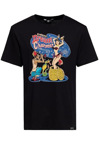 King Kerosin Herren T-Shirt · Shirt · Retro · Vintage · Herrenshirt · Print · Logodruck · Orientalisch Lustig · Comic Art · Kurzarm · Rundhals · Schwarz · Zeitlos · Rockabilly · 50s · Dream Charmer von King Kerosin