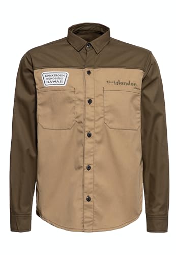 King Kerosin Herren Workwear Hemd Worker Hemd Vintage Retro Patches Baumwolle Elastan Regular Fit Comic Artwork 50S Rockabilly Rock'n'roll Langarmhemd Tik The Islander von King Kerosin
