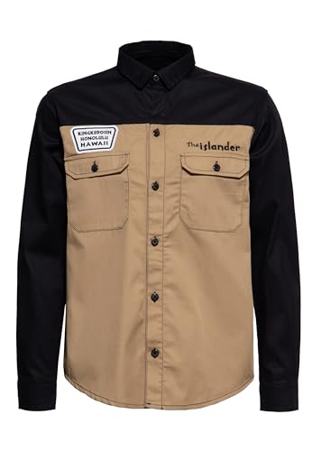 King Kerosin Herren Workwear Hemd Worker Hemd Vintage Retro Patches Baumwolle Elastan Regular Fit Comic Artwork 50S Rockabilly Rock'n'roll Langarmhemd Tik The Islander von King Kerosin