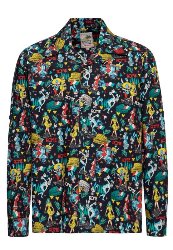 King Kerosin Langarmhemd - AOP Vintage Hawai Hemd - S - für Männer - Größe S - schwarz von King Kerosin