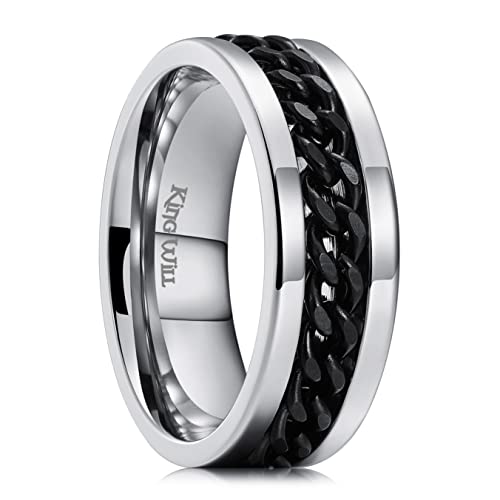 King Will 316L Edelstahl Herrenring - 8mm Silber Schwarz M?nner Kettenglied Fidget Spinner Ring, Angstl?sender Ring für M?nner und Frauen, stressfrei, komfortable Passform, Gr??e 11 von King Will