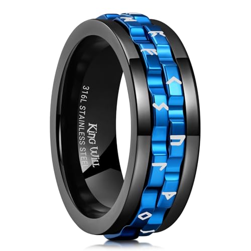 King Will 316L Edelstahl Spinner Ring für Männer - 8mm schwarz-blauer Zahnrad Fidget Ring mit römischen Zahlen, Anti-Stress Cooler Ehering, bequem für den täglichen Tragen 64.7 (20.6) von King Will