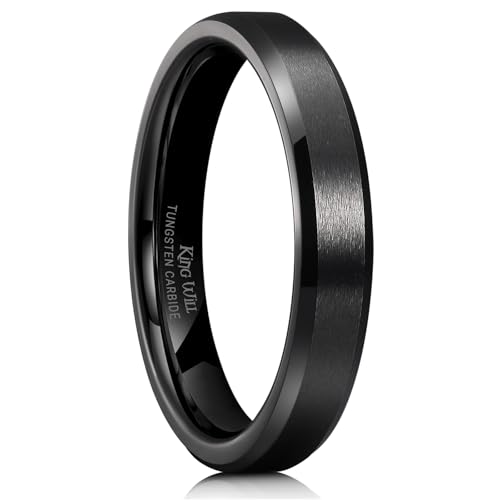 King Will 4mm Wolfram Herren Ehering - Schwarzer Jubiläumsring mit gebürstetem, mattem Finish und abgeschrägten, polierten Kanten 56.9 (18.1) von King Will
