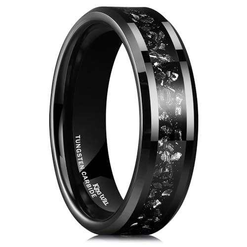 King Will 6mm Herren Ehering, schwarz beschichtet, aus Wolfram mit silbernem Meteoriteneinlage, hochglanzpoliert, Verlobungsring für den täglichen Gebrauch, Galaxy-Kollektion 64.7 (20.6) von King Will