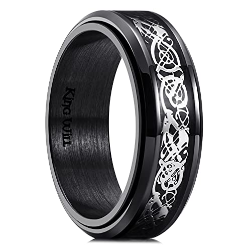 King Will 8mm Edelstahl-Spinnerring - Silberner keltischer Drachenring mit Carbonfaser-Einlage (schwarz), drehbarer Fidget-Ehering zur Stressreduzierung 10 von King Will