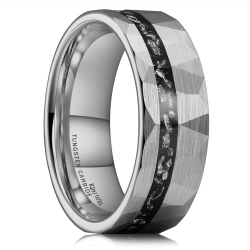 King Will 8mm Herren Ehering aus Silber-Tungsten mit Meteorit-Einlage und gehämmerter Optik für den täglichen Gebrauch | Galaxy Kollektion 62.2 (19.8) von King Will