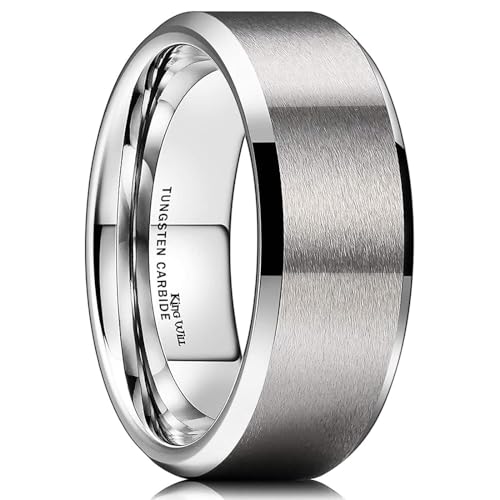 King Will 8mm Herren Silber Hochzeitsring - Gebürstete Matte Oberfläche, Abgeschrägte Polierte Kante, Komfortable Passform 54.3 (17.3) von King Will