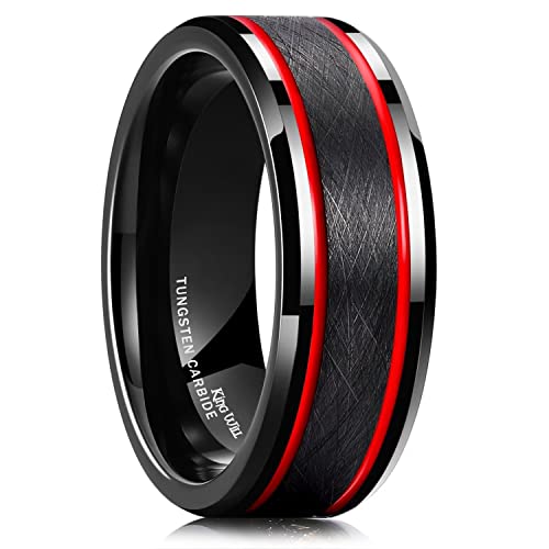 King Will 8mm schwarze Wolframringe für Männer, zweifarbiger Herren-Ehering, cooler Verlobungsring mit 2 roten mittigen Rillen, dünnen Linien, mattiertem Finish und abgeschrägten Kanten 54.3 (17.3) von King Will
