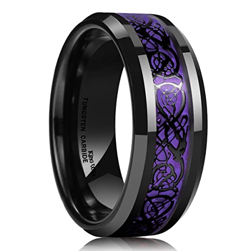 King Will 8mm schwarzer Drachenschuppen-Tungstenkarbid-Ring mit lila Kohlefaser-Einlage, komfortable Passform für Hochzeitsring. 62.2 (19.8) von King Will