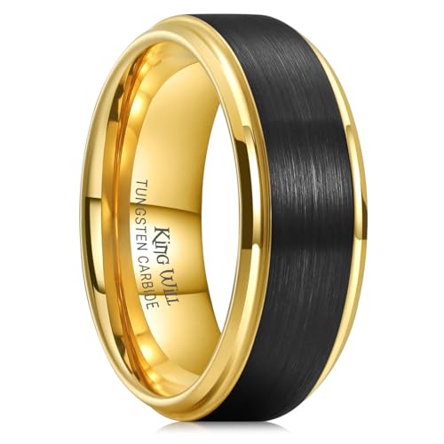 King Will 8mm schwarzer Wolframkarbid-Ehering für Männer, matter Wolframring, innen vergoldet, mit abgestuften Kanten, komfortable Passform für Männer und Frauen 69.7 (22.2) von King Will