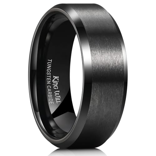 King Will Basic 8 mm Ehering für Herren aus schwarzem Wolfram, mattes Finish, abgeschrägte polierte Kanten, bequeme Passform, Größe 64.7 (20.6) von King Will
