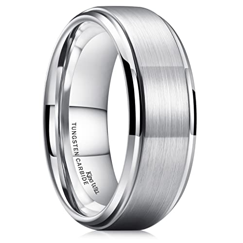 King Will Basic Wolfram-Ehering für Männer, 8 mm, silberfarbener blauer Wolfram-Ehering für Männer, matt gebürstetes Finish, bequemer Sitz, Größe 62.2 (19.8) von King Will