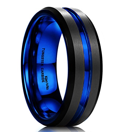 King Will DUO Herren 7mm schwarzer mattiert Wolframcarbid-Ring mit blauer abgeschrägter Kante Ehering 67.2 (21.4) von King Will