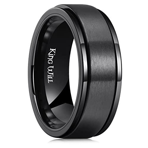 King Will Edelstahl Spinner Hochzeitsband für Männer - 8mm schwarzer Entlastungs-Fidget-Ring, gebürstet, komfortable Passform, Größe 9 von King Will