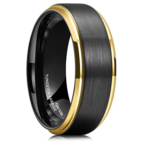 King Will Herren 8mm Schwarzer Wolframkarbid-Ring, matt gebürstet mit goldplattierter abgeschrägter Kante, Ehering 56.9 (18.1) von King Will