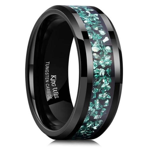 King Will Herren Schwarze Wolfram-Hochzeitsbänder mit türkisfarbener Meteoriteneinlage, 8 mm, mit abgeschrägten Kanten, Verlobungsring für Paare, Versprechensring 60.0 (18.9) von King Will