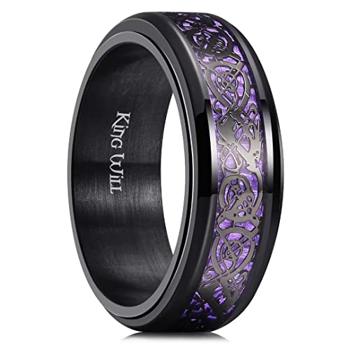 King Will Herren Spinner 8mm Edelstahlring - Angst Fidget Ring Schwarz Keltischer Drache Lila Kohlefaser Einlage Fidget Ehering Größe 8 von King Will