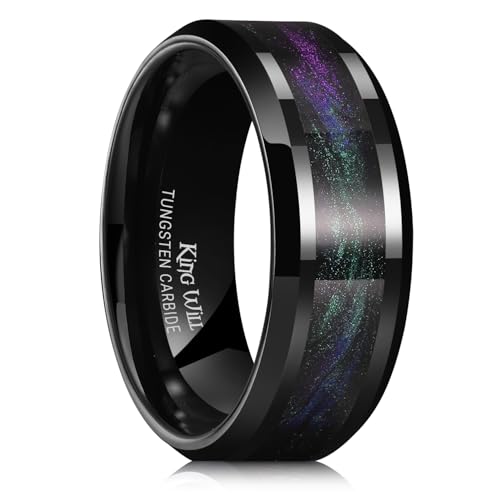 King Will Herren-Tungsten-Hochzeitsring, 8mm Schwarz mit lila und grünem Sandeinlage, polierte Kanten, komfortable Passform 59.4 (18.9) von King Will